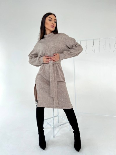 Ангоровое платье миди с поясом бежевого цвета 35445