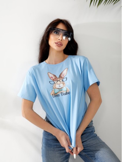 Базова жіноча футболка з малюнком блакитного кольору 32546