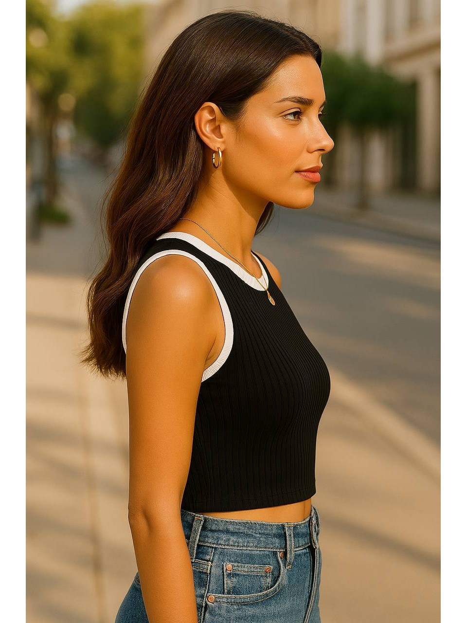 Базовий жіночий кроп-топ у рубчик чорного кольору 32306