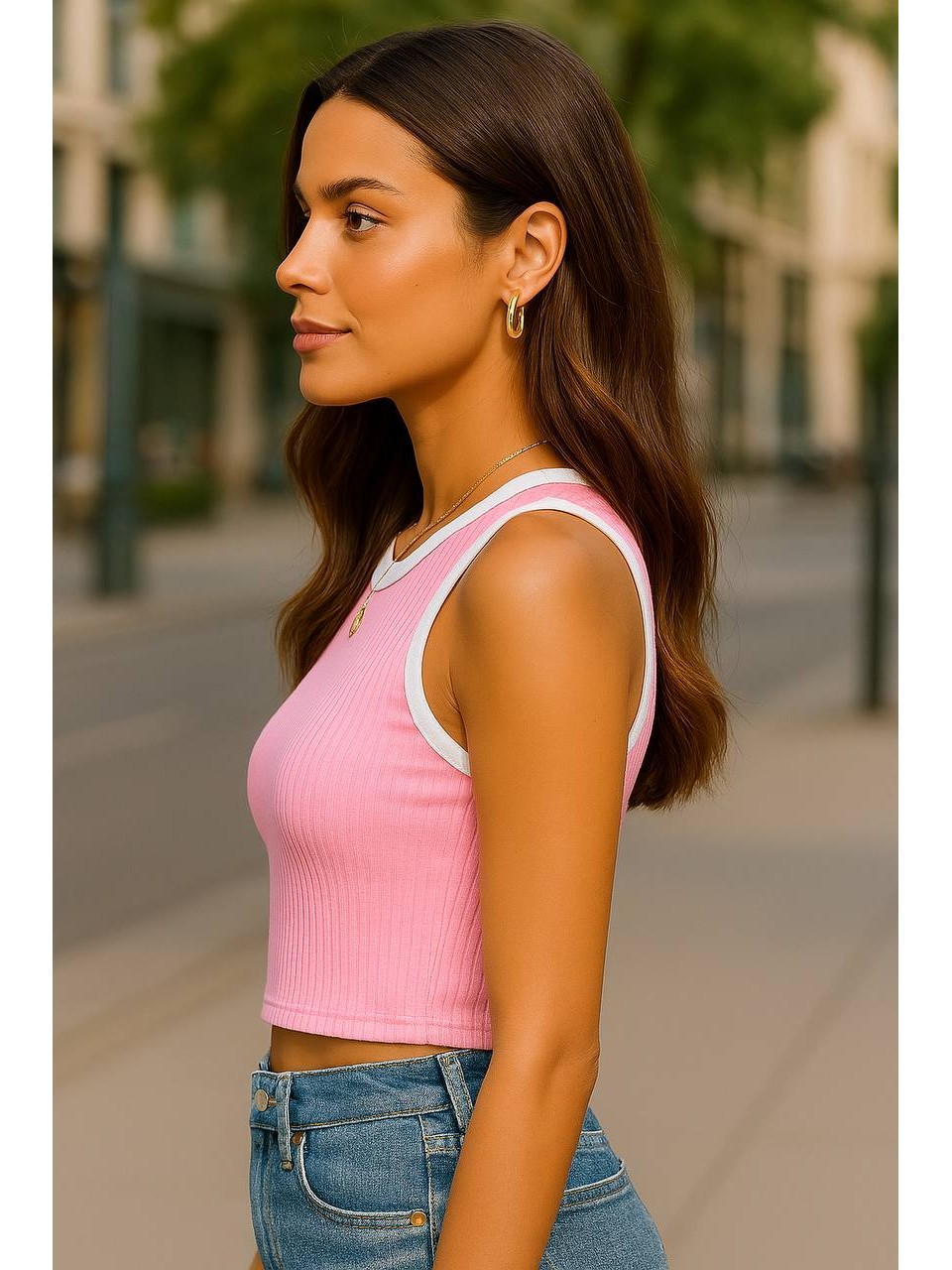 Базовий жіночий кроп-топ у рубчик рожевого кольору 32305