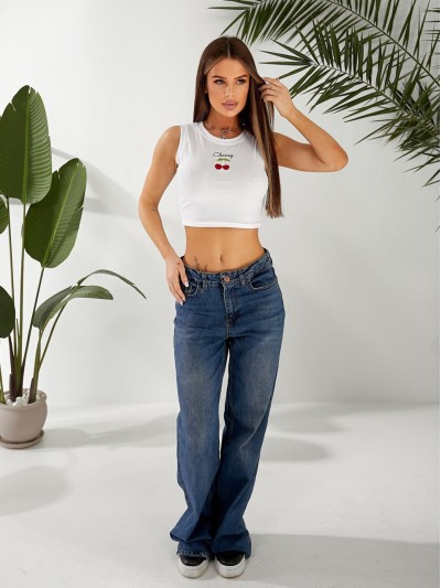 Базовий жіночий топ у рубчик з вишнею білого кольору 32408