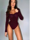Блестящий боди с пуш-ап бордового цвета 36009