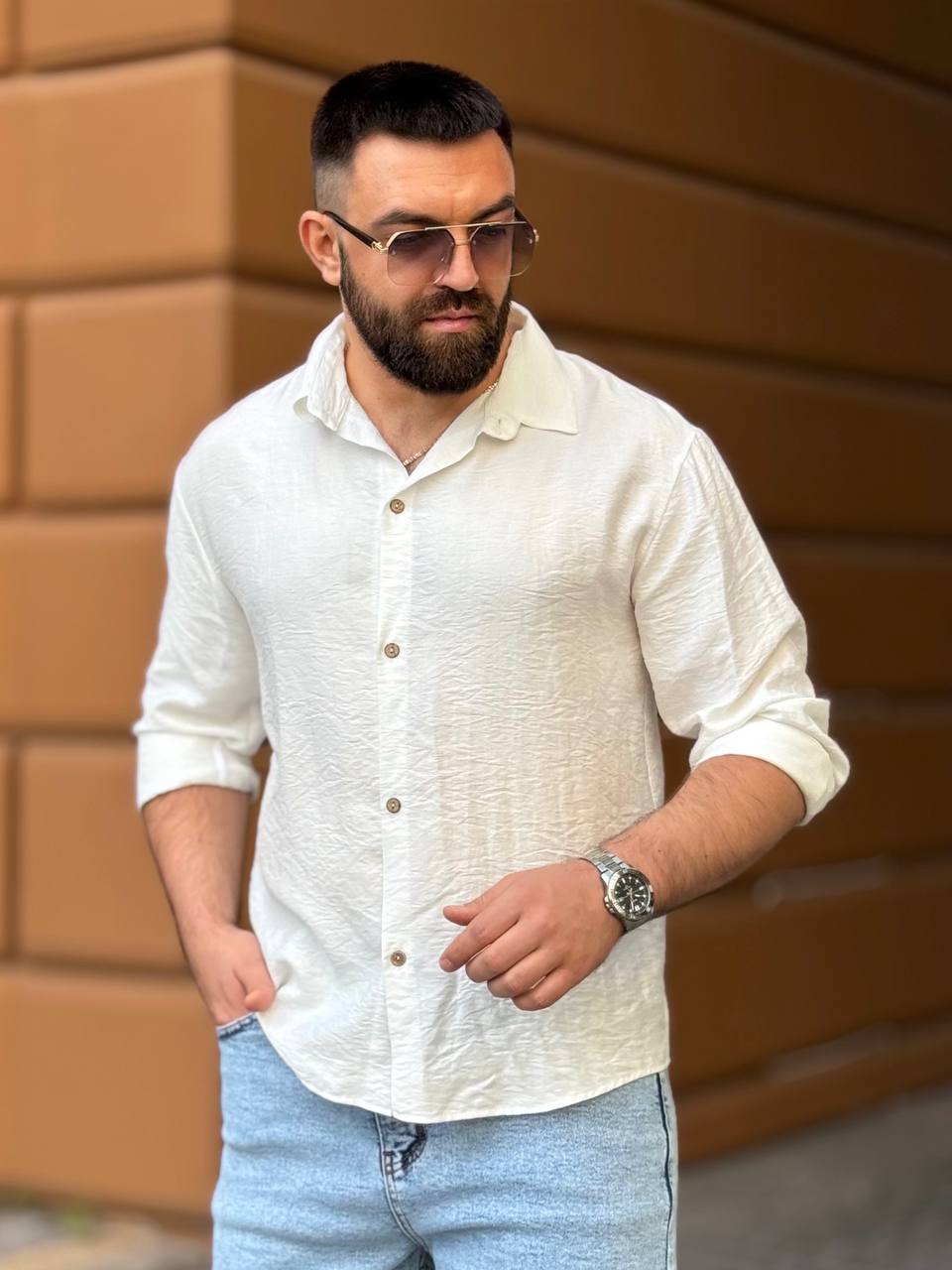 Чоловіча льняна сорочка бiлого кольору 33669