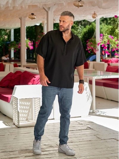 Мужская льняная рубашка-футболка черного цвета 33732