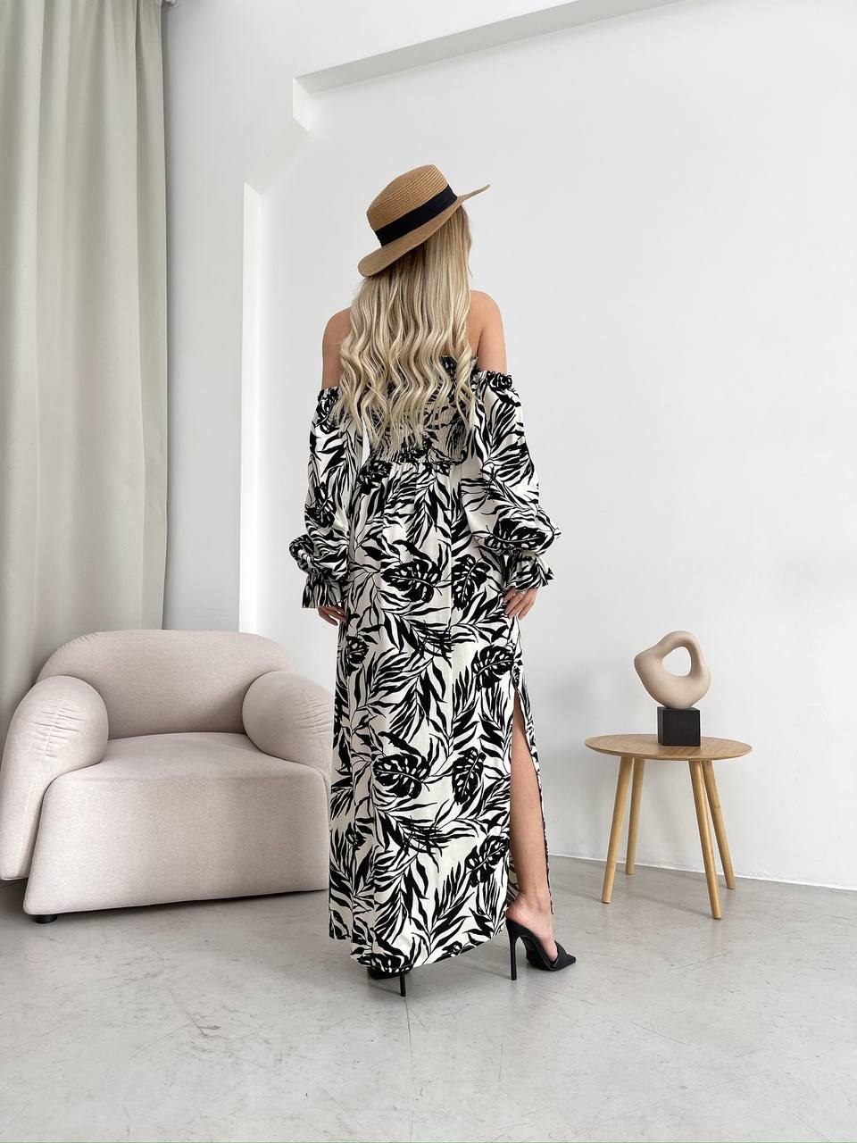 Довга лляна сукня чорного кольору 32627