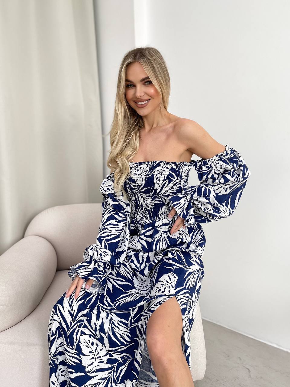 Довга лляна сукня синього кольору 32629