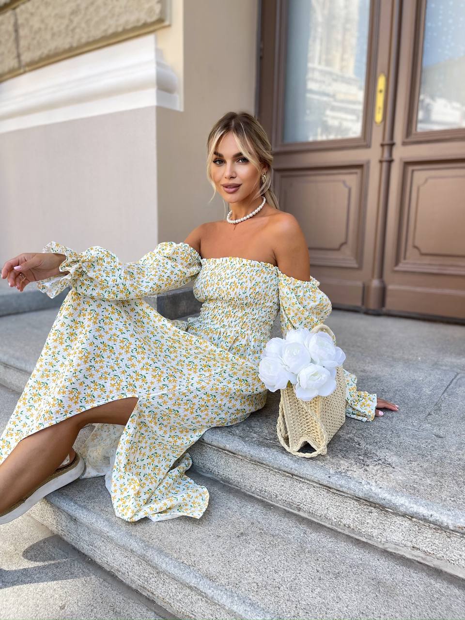 Длинное муслиновое платье в цветок желтого цвета 31980