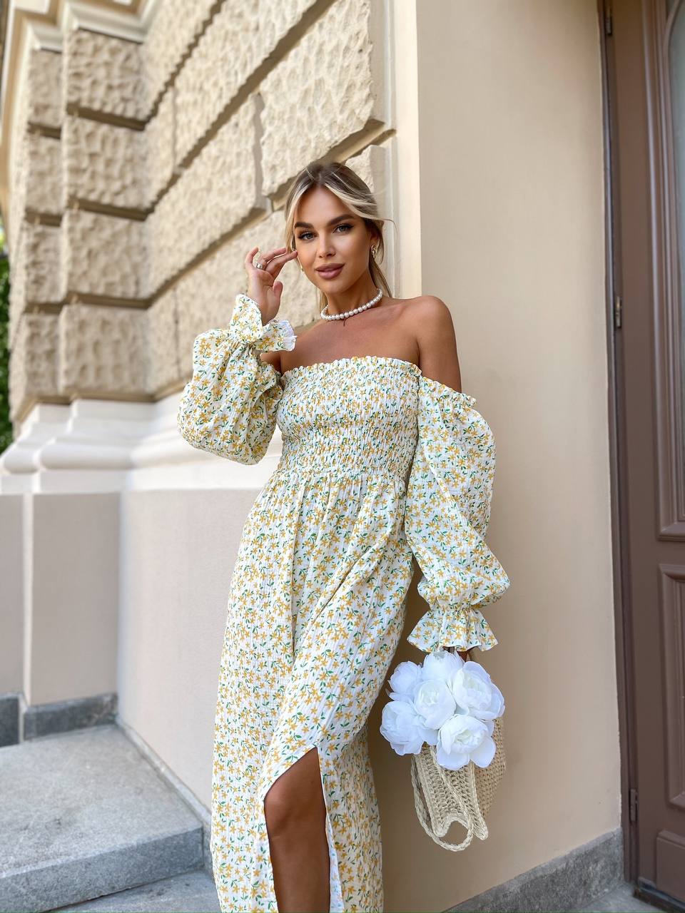 Длинное муслиновое платье в цветок желтого цвета 31980