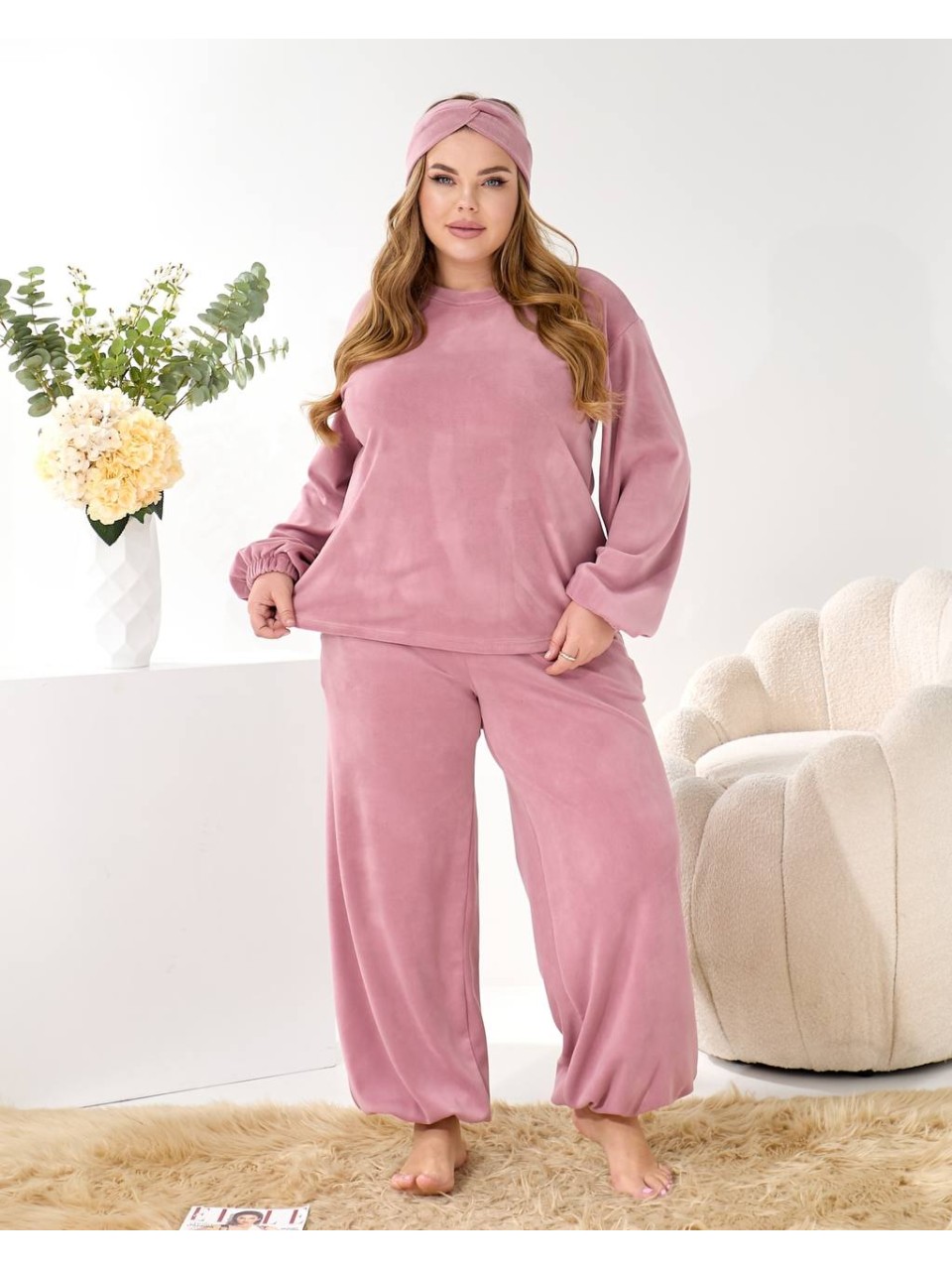 Домашній комплект трiйка (костюм+чалма) пудрового кольору 35961