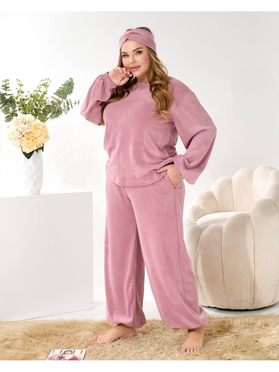 Домашній комплект трiйка (костюм+чалма) пудрового кольору 35961