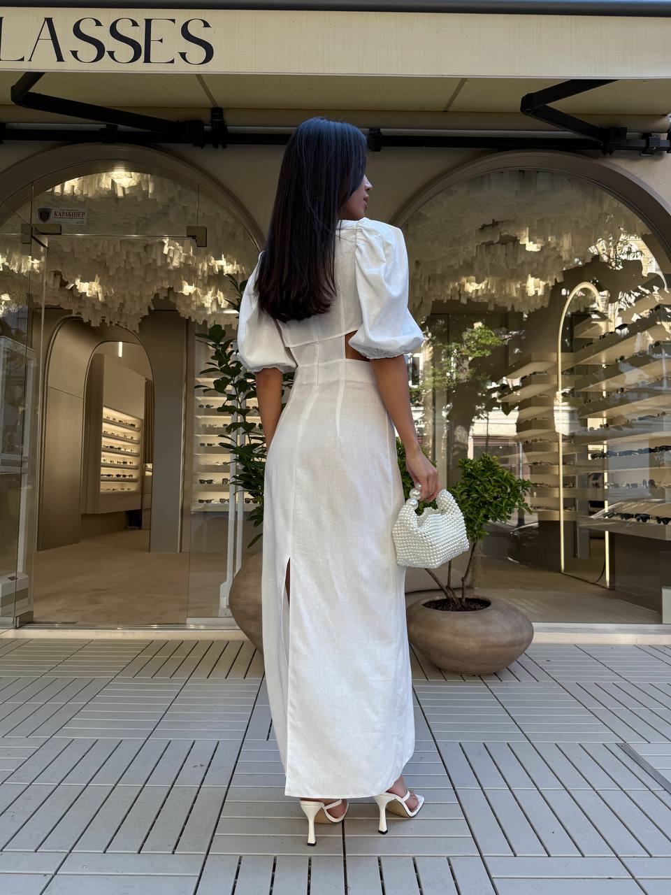 Длинное льняное платье молочного цвета 33776