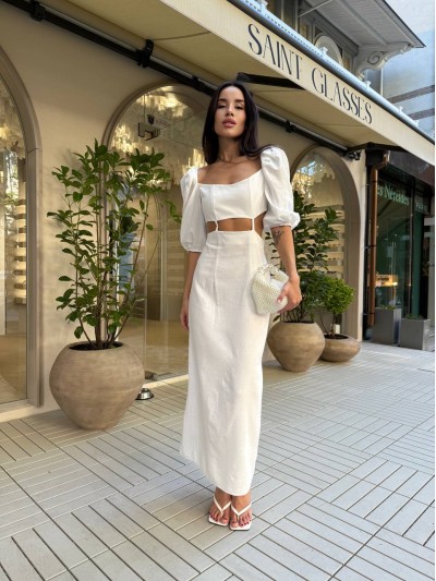 Довга лляна сукня молочного кольору 33776