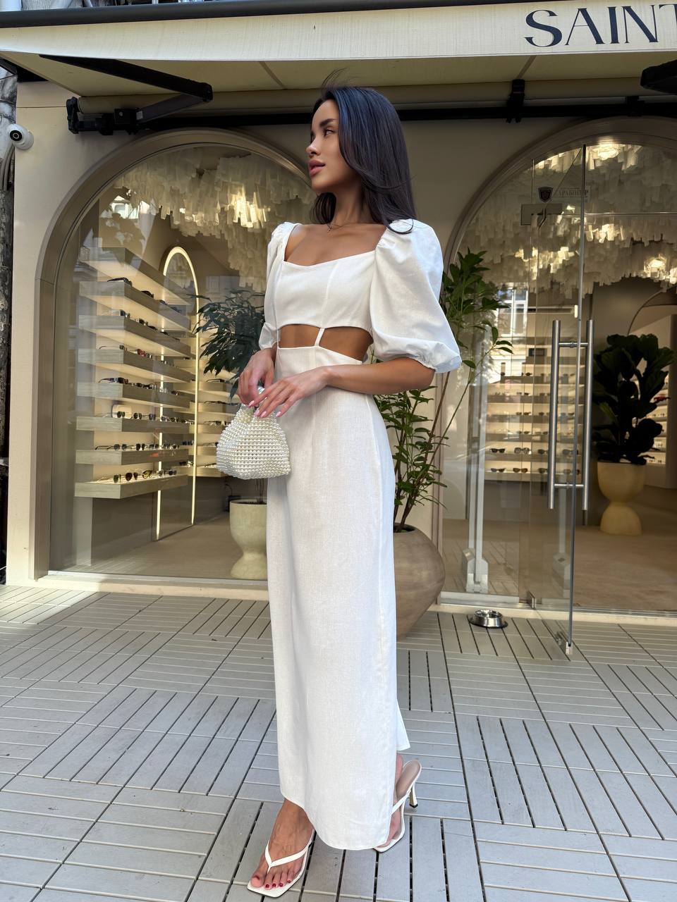 Длинное льняное платье молочного цвета 33776