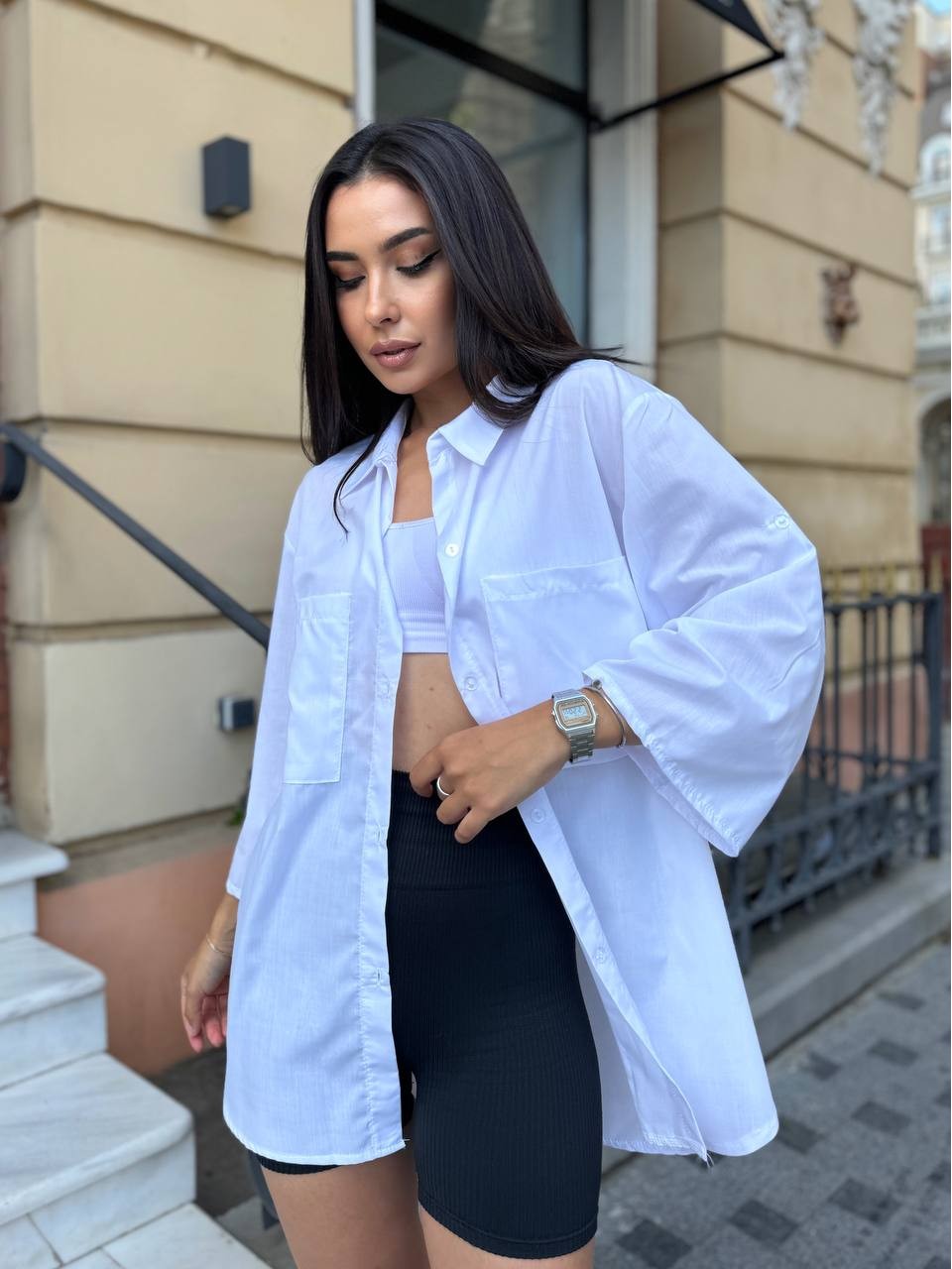 Бавовняна жіноча сорочка молочного кольору 32940