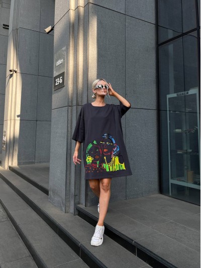 Хлопковое платье-футболка с рисунком графитового цвета 32218