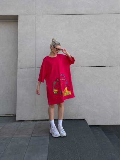Хлопковое платье-футболка с рисунком красного цвета 32215