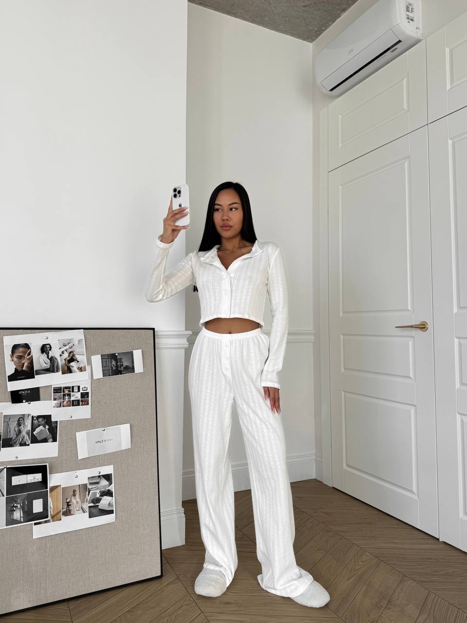 Бавовняний домашній комплект трійка (шорти+сорочка+штани) молочного кольору 31545