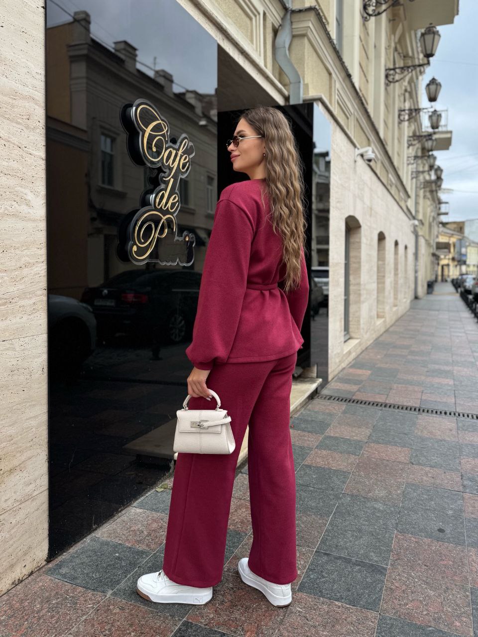 Класичний жiночий костюм з ангори бордового кольору 35303