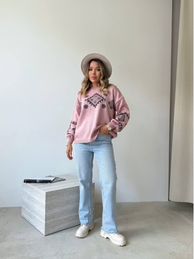 Класичний жіночий светр із етнічним візерунком рожевого кольору 34185