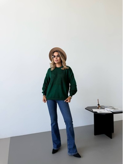 Класичний жіночий светр з ажурним плетiнням смарагдового кольору 34178