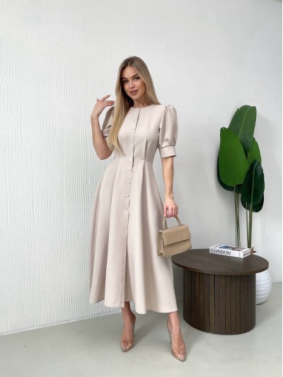 Класична сукня міді на ґудзиках бежевого кольору 31914