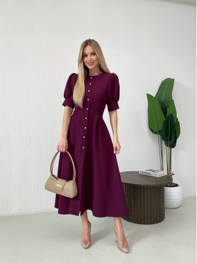 Класична сукня міді на ґудзиках бордового кольору 31913