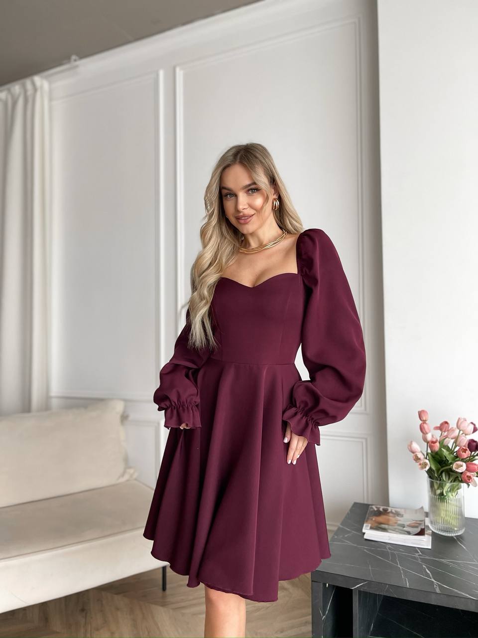 Класична сукня мiнi бордового кольору 30904