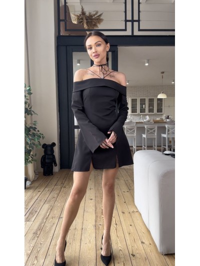 Классическое платье мини с открытыми плечами черного цвета 31551