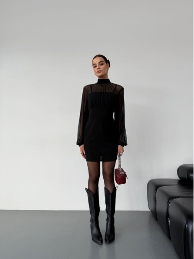 Классическое платье мини с сеткой черного цвета 30409