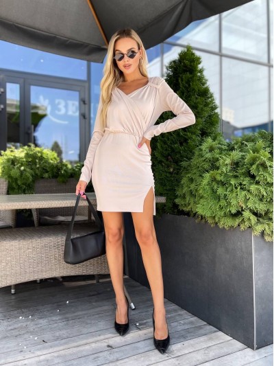 Класична сукня міні зі складками на талії бежевого кольору 31775