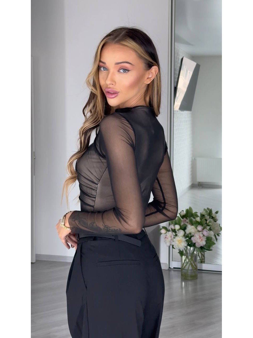 Комбінований жіночий боді із сітки+трикотаж чорного кольору 31181