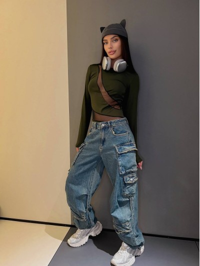 Комбинированный женский боди цвета хаки 31281