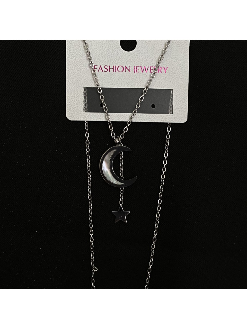 Кулон Місяць та зірка з ланцюжком срібного кольору 32423
