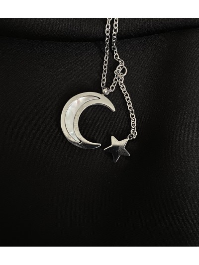 Кулон Місяць та зірка з ланцюжком срібного кольору 32423