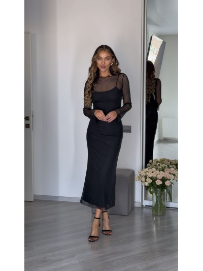 Легка комбінована сукня міді з сіткою чорного кольору 30658