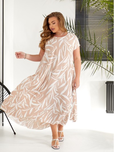 Легка сукня максі вільного крою з поясом бежевого кольору 32045