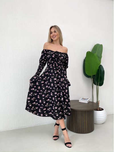 Легка сукня міді у велику квiтку чорного кольору 32147