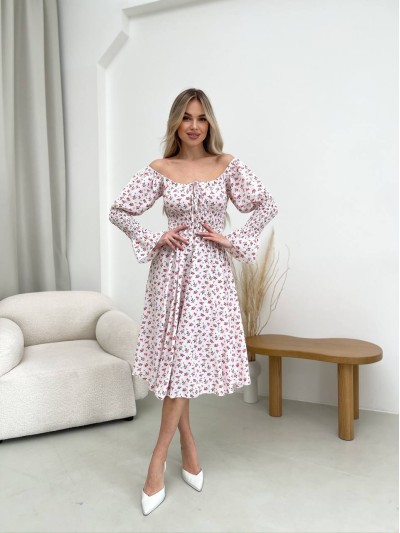 Легка сукня міді у дрiбну квітку молочного кольору 32146