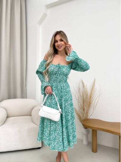 Легка сукня міді у дрiбну квітку зеленого кольору 32145