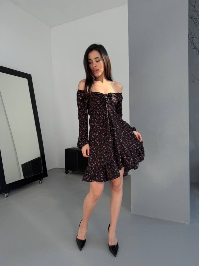 Легкое платье мини на завязках в цветок черного цвета 32539