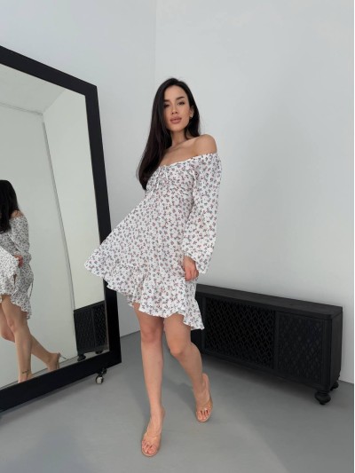 Легкое платье мини на завязках в цветок молочного цвета 32538