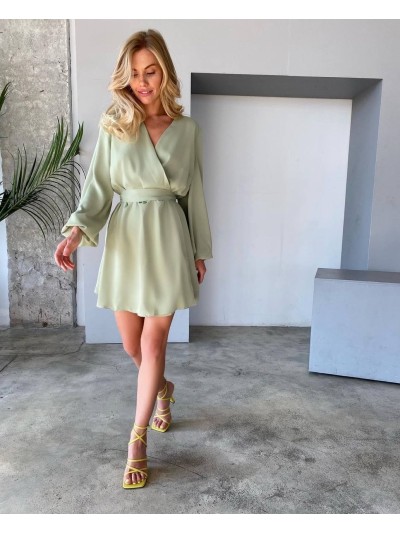 Легкое платье мини с поясом фисташкового цвета 32575