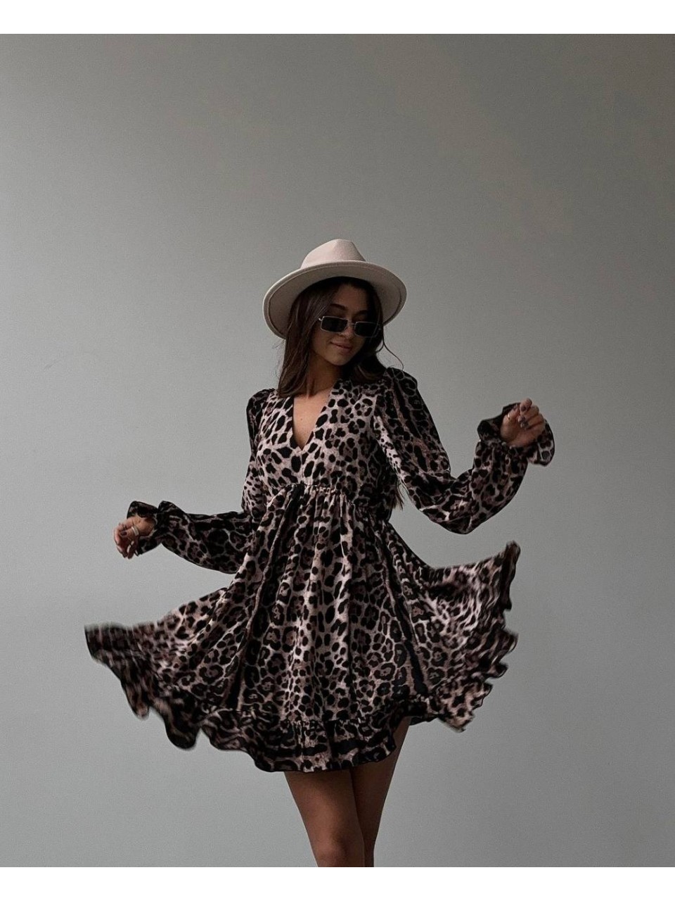 Легкое платье мини с рукавом леопард коричневого цвета 31841