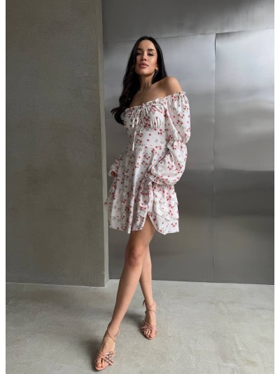 Легкое платье мини с рукавом молочного цвета 32952