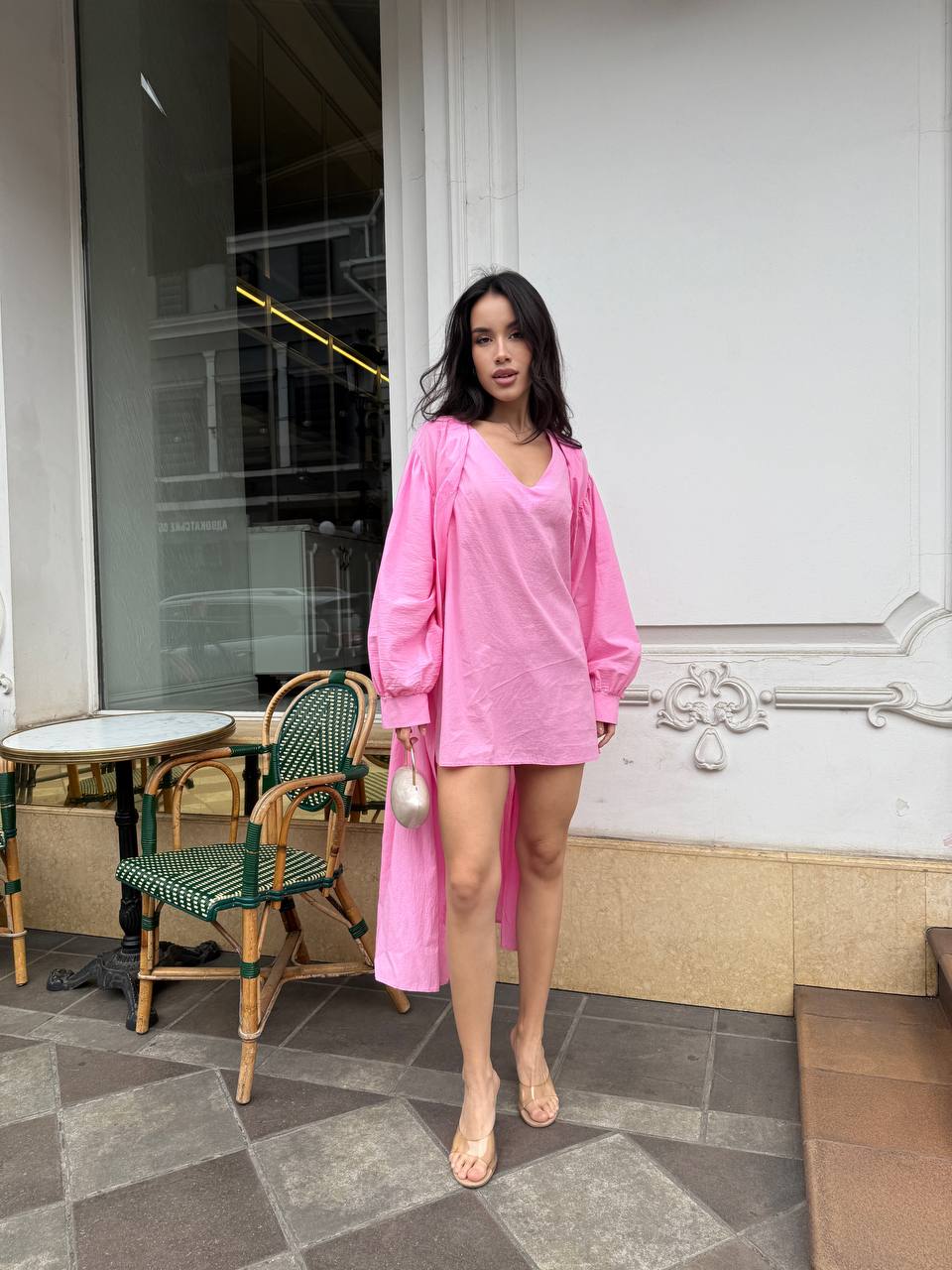 Літня сукня міні+накидка рожевого кольору 33428