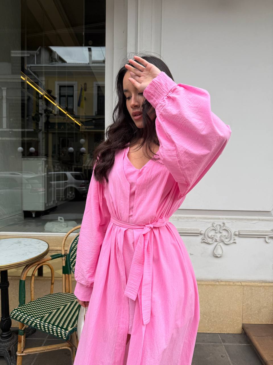 Літня сукня міні+накидка рожевого кольору 33428