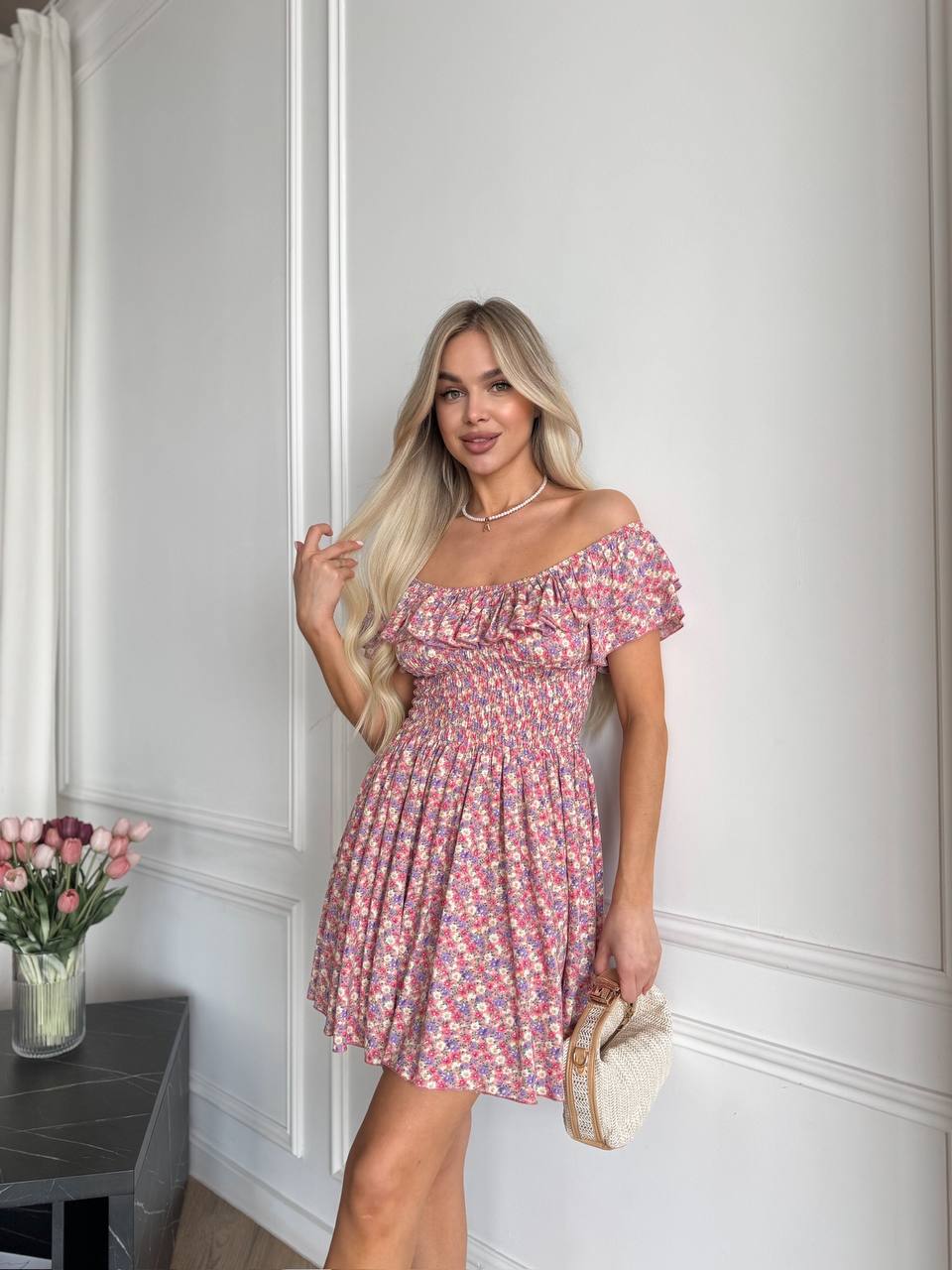 Летнее платье мини пудрового цвета 33477