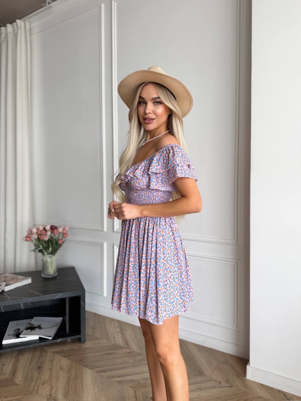 Летнее платье мини сиреневого цвета 33476