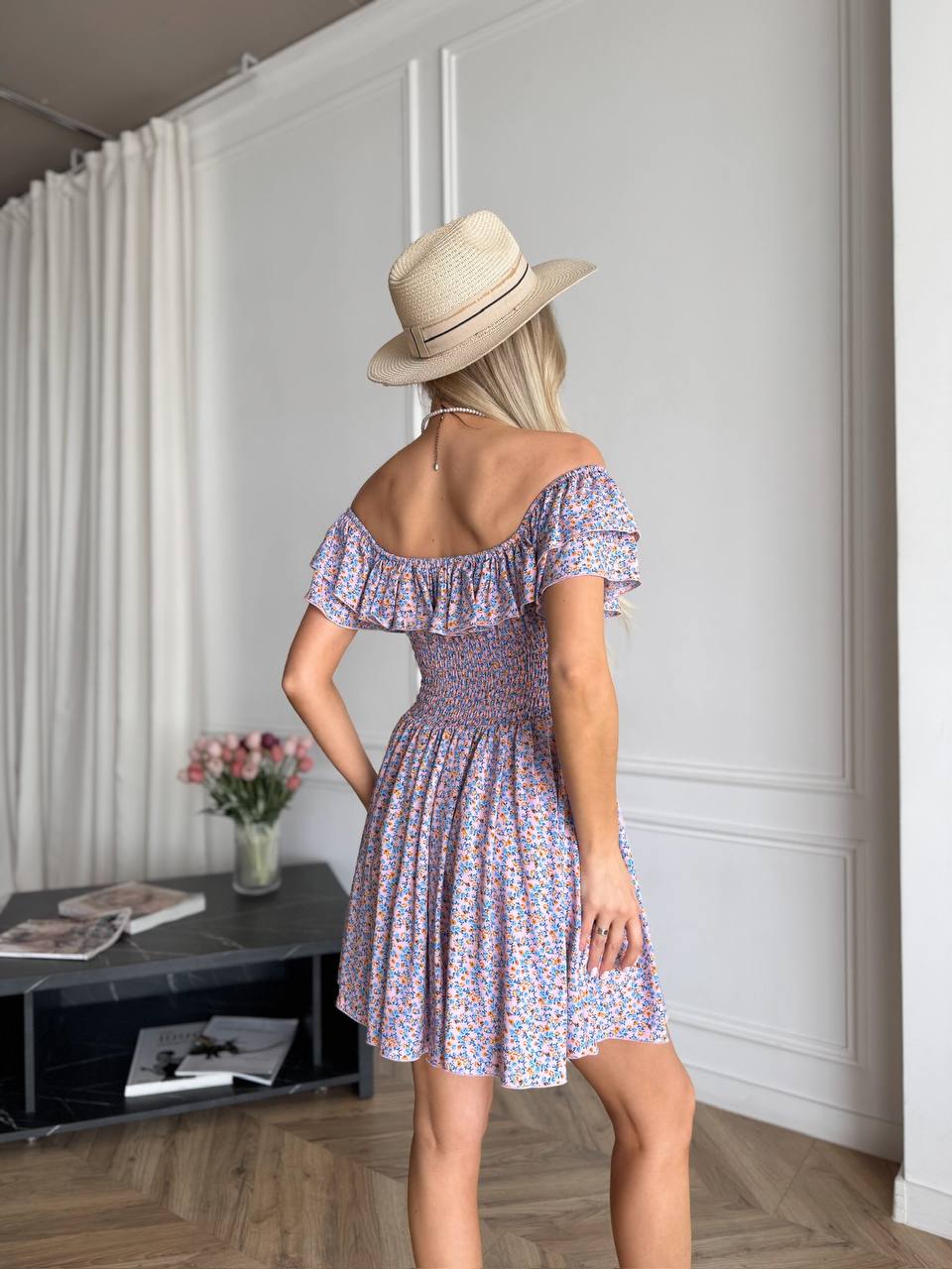 Летнее платье мини сиреневого цвета 33476