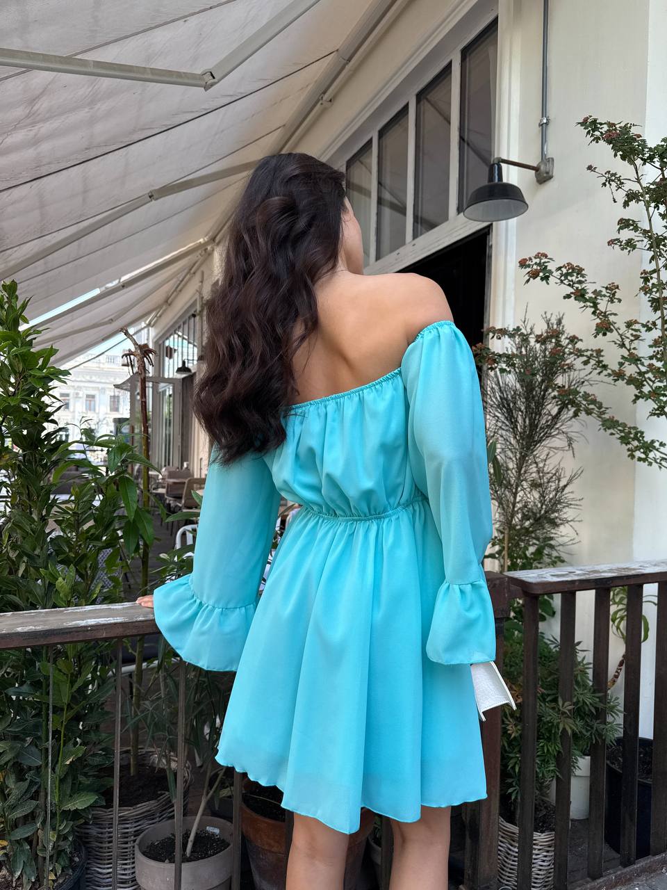 Літня сукня з відкритими плечима бірюзового кольору 33514